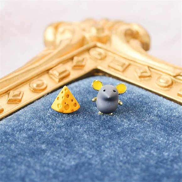 Cute Handmade Mouse Cheese Small Stud Earrings for Women - Asymmetric Cartoon Ra - Picture 4 of 5